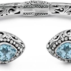Sterling Silver 925 with Gemstones Bali Filigree Cuff Bracelet - Image 2