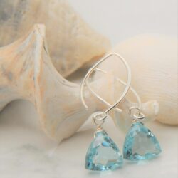 Handmade Dangle Earrings for Women - Aquamarine Blue Quartz Sterling Silver Earrings in Gift Box - Sparkly Blue Quartz Trillion - Lightweight Dangling Earrings - Trendy Long Dangly Drop Earrings - Image 2