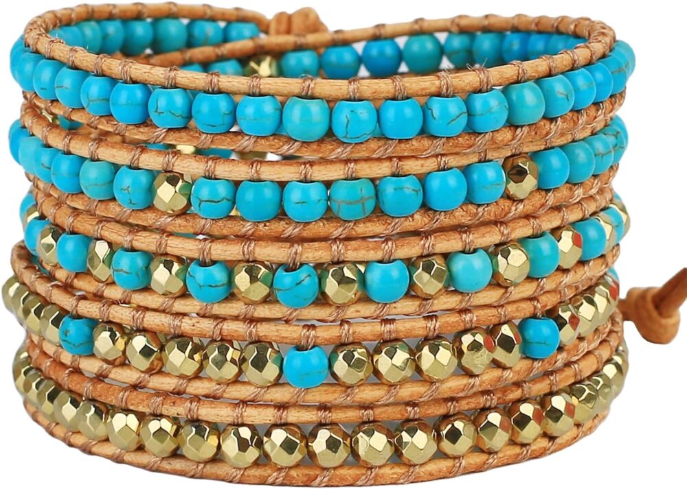 KELITCH Womens Turquoise Bracelets Leather 5 Wrap Bracelet Gold Silver Mixed Strand Bracelets