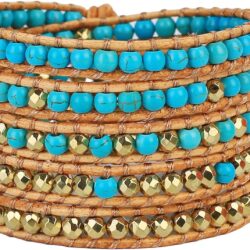 KELITCH Womens Turquoise Bracelets Leather 5 Wrap Bracelet Gold Silver Mixed Strand Bracelets