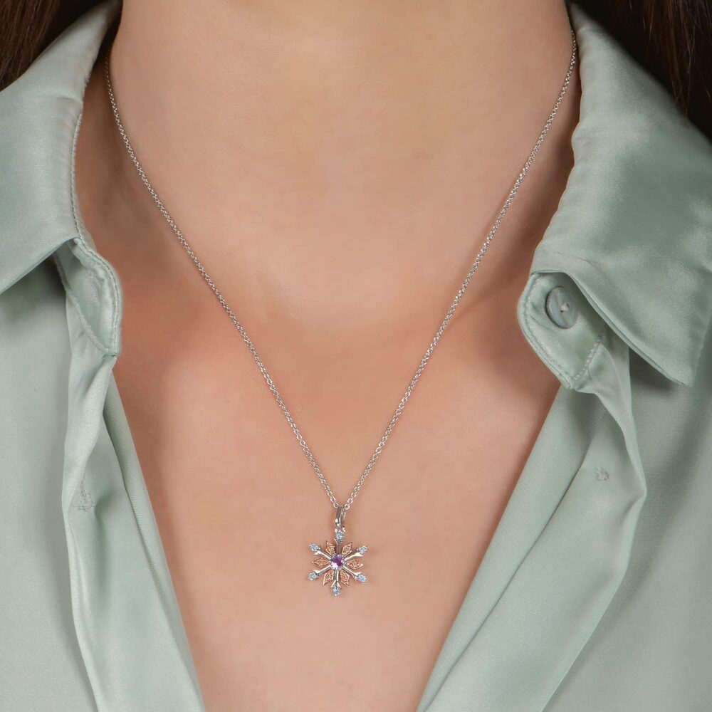 Jewelili Enchanted Disney Fine Jewelry 14K Rose Gold over Sterling Silver 1/20 CTTW Diamond with Swiss Blue Topaz and Rose De France Elsa Snowflake Pendant Necklace - Image 2