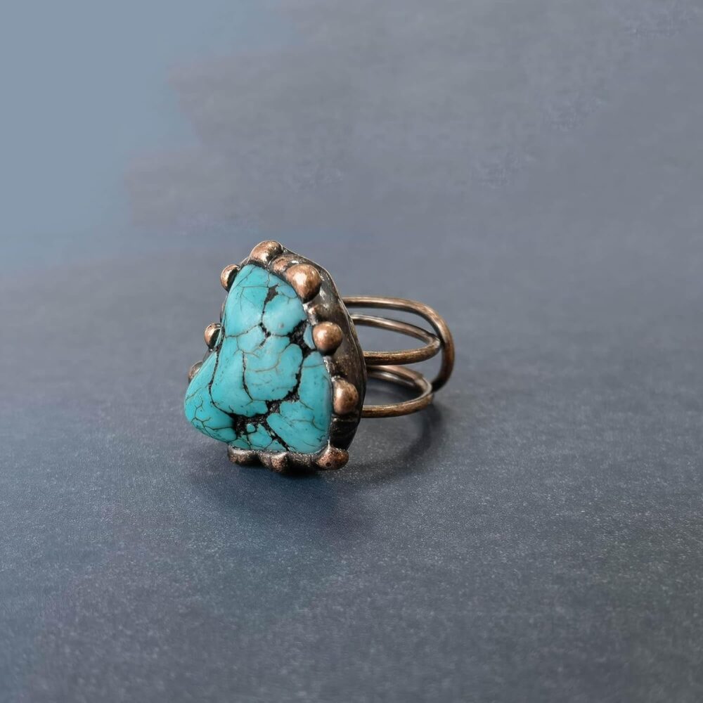 Turquoise Ring, Irregular Simulated Raw Turquoise Western Rings for Women Adjustable, Unisex Bronze Plated Chunky Gemstone Vintage Jewelry for Mens Turquoise Ring (Turquoise-Bronze) - Image 2