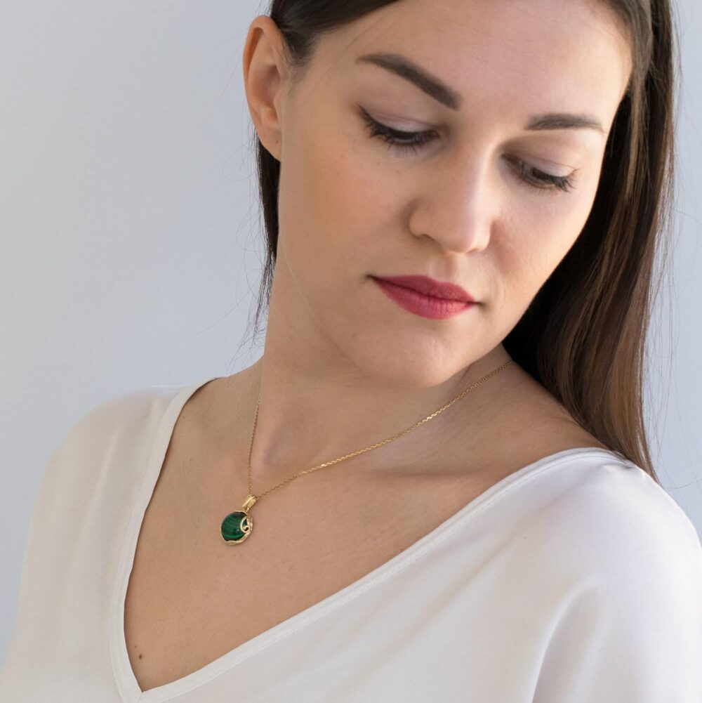 14K Yellow Gold Plated Over 925 Sterling Silver Dark Green Malachite Large Pendant; May Taurus Birthstone Necklace; Unique Jewelry For Women ; Handmade Vintage Style Malachite Necklace For Women - Image 3