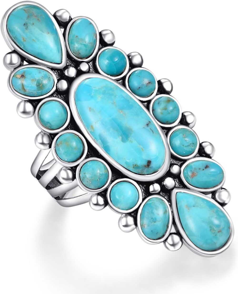 Phyonio 925 Sterling Silver Turquoise/Spiny Turquoise/Teal Turquoise Ring for Women Black Oxidized Silver Statement Rings for Valentine Day Bohemian Flower Ring Size 6-9