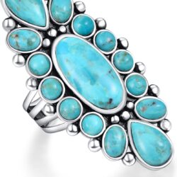Phyonio 925 Sterling Silver Turquoise/Spiny Turquoise/Teal Turquoise Ring for Women Black Oxidized Silver Statement Rings for Valentine Day Bohemian Flower Ring Size 6-9