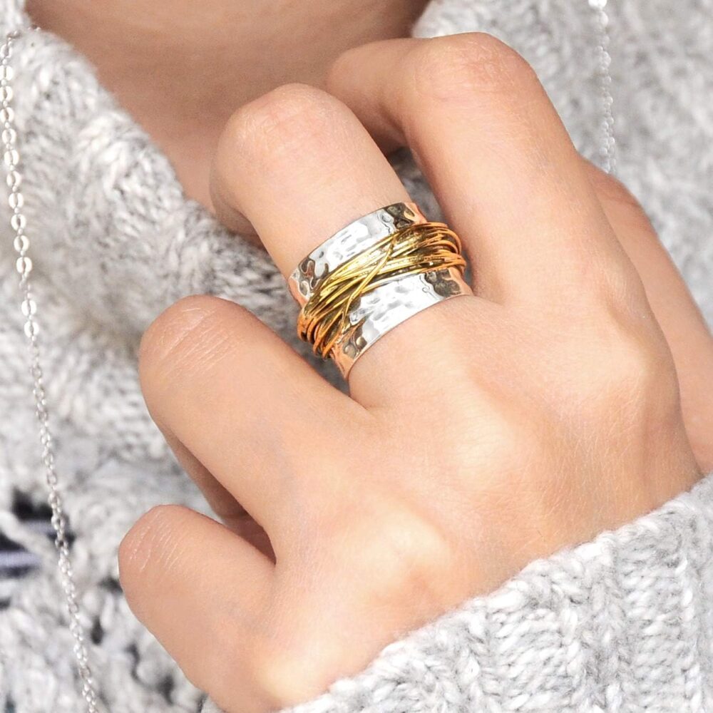 Boho-Magic 925 Sterling Silver Band Ring for Women with Brass Wrap Wide Statement Ring - Image 4