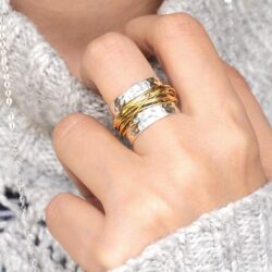 Boho-Magic 925 Sterling Silver Band Ring for Women with Brass Wrap Wide Statement Ring - Image 4