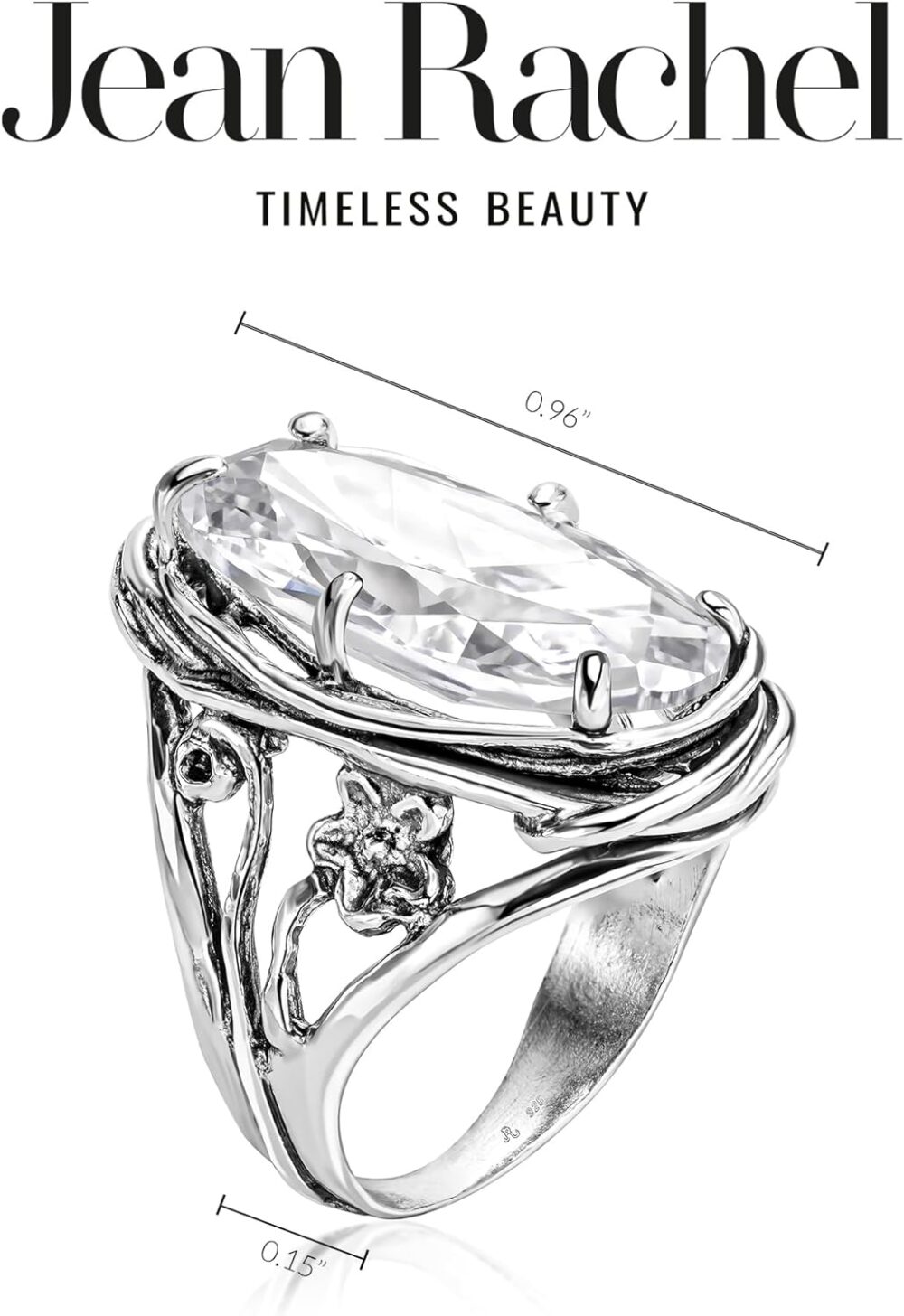 925 Sterling Silver Statement Ring With A White Oval Shaped Cubic Zirconia CZ Floral Vintage Antique Look Hypoallergenic, Nickel and Lead-free, Artisan Handcrafted Designer collection - Image 6