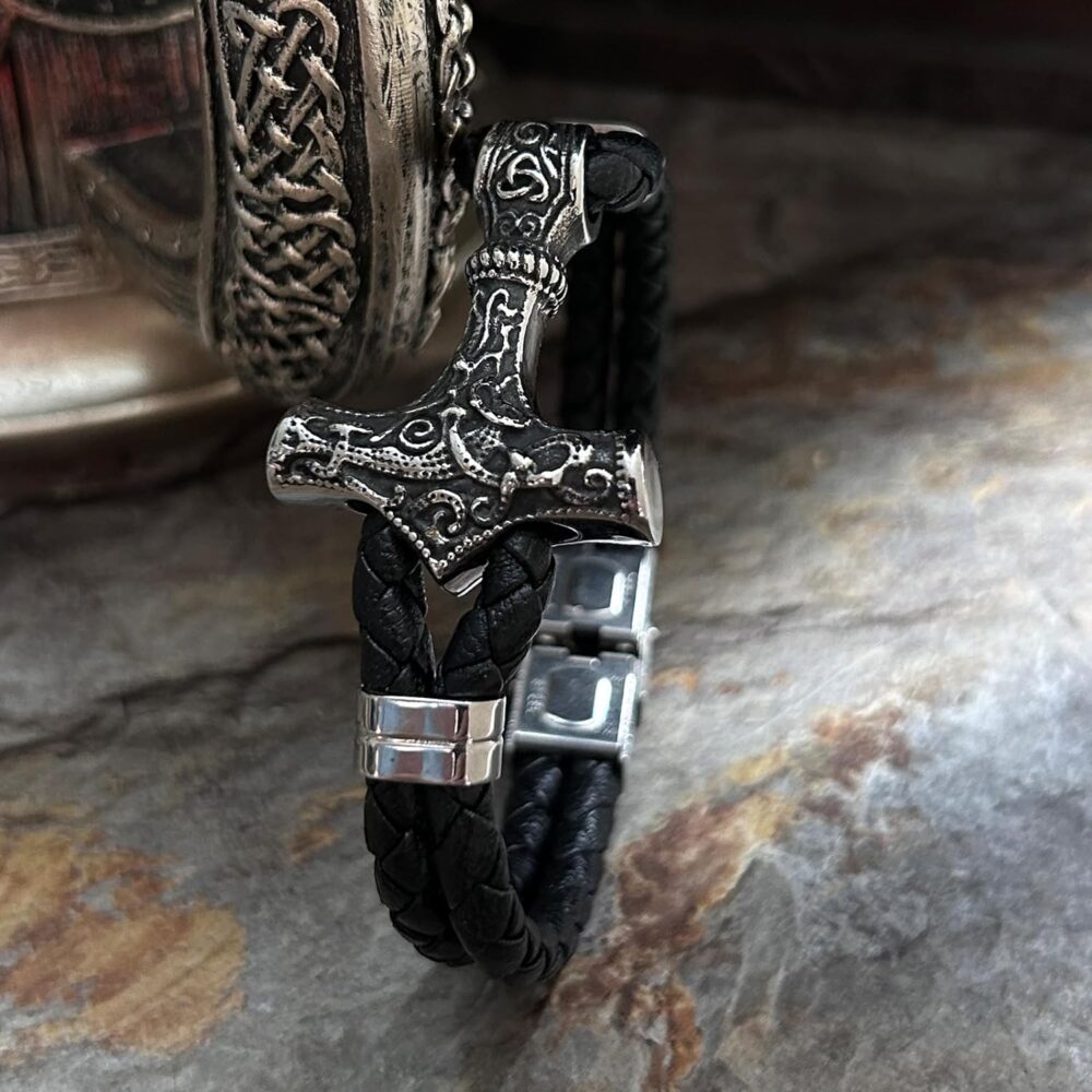 bahamut Viking Thor Hammer Braided Leather Mens Cuff Wristband Bead Rope Bracelet for Men,Norse mythology Pagan Jewelry - Image 2