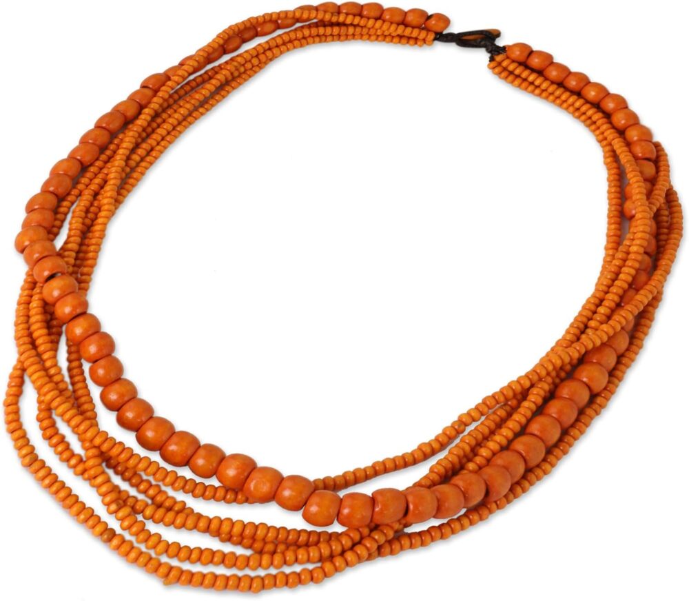 Handmade Wood Beaded Necklace Orange from Thailand - Tangerine Cadmium Nature 'Solar Dance - Image 2