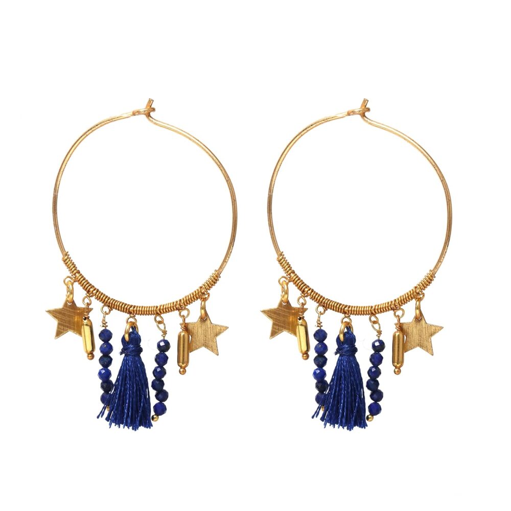 Gempires Blue Lapis Lazuli Earrings, Hypoallergenic Gold Hoop Dangling Earrings, Bohemian Style, Beach and Holiday Wear, Lightweight, Handmade, Gift for Women and Girls