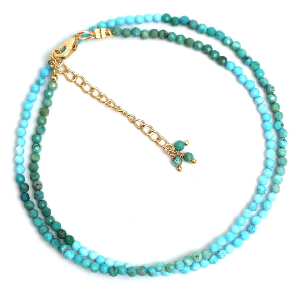 Gempires Turquoise Beaded Choker Necklaces, Crystal Necklace, 2.4-2.5 mm Beads, Bohemian Style, December Birthstone Gifts, 18 inch Adjustable 14k Gold Plated Chain - Image 2