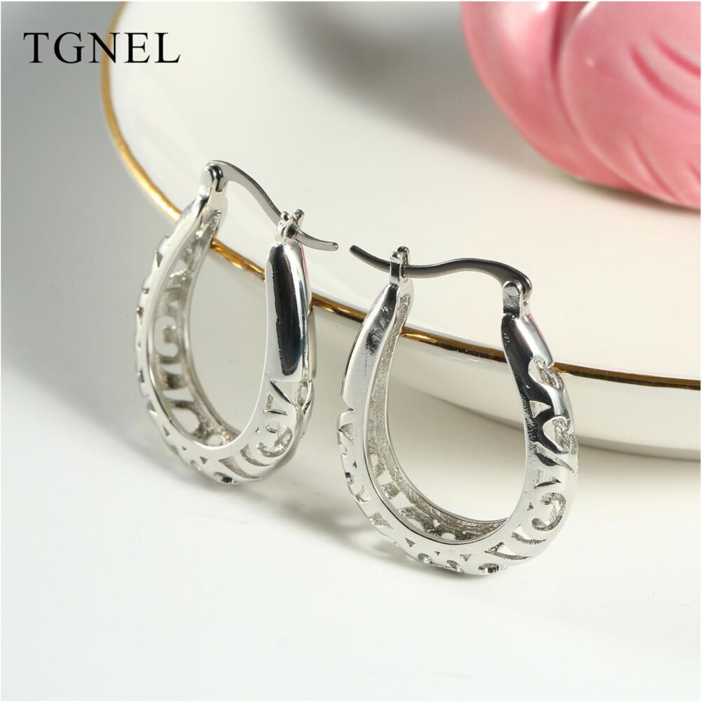 TGNEL Openwork Filigree Oval Titanium Hoop Earrings for Women, Lightweight Bohemian Surgical Grade Titanium Earrings Hypoallergenic Jewellery for Sensitive Ears - Image 5