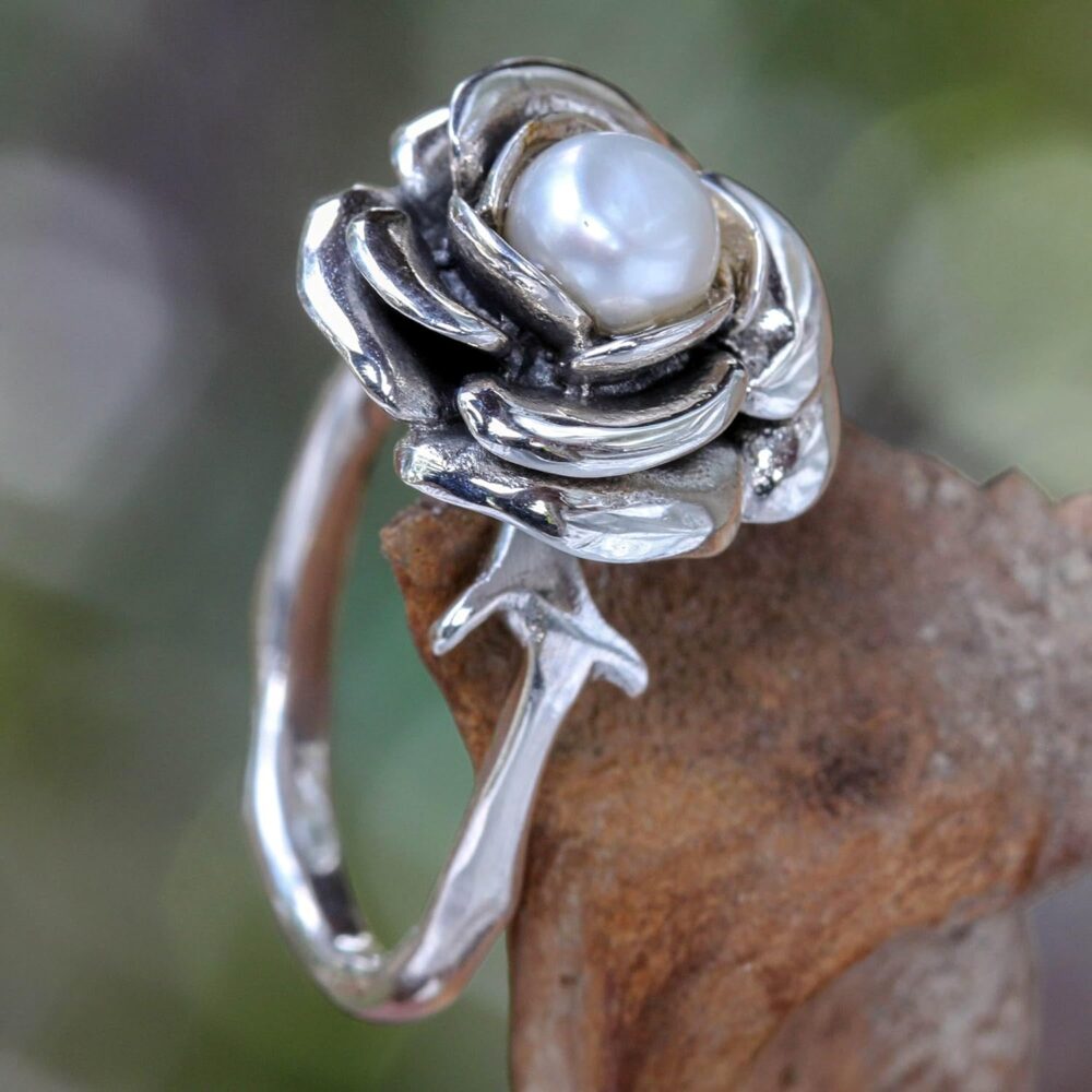 Handmade Cultured Freshwater Pearl Flower Ring - Sterling Silver Floral Birthstone Jewelry - Image 4