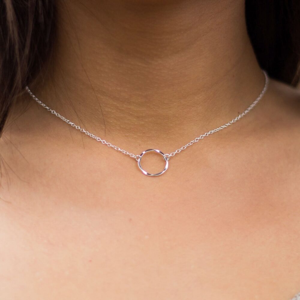 Open Circle Necklace for Women - Sterling Silver Karma Necklace Choker Layer Hammered Circle Minimal Adjustable Length (15-17 inches adjustable) - Image 2