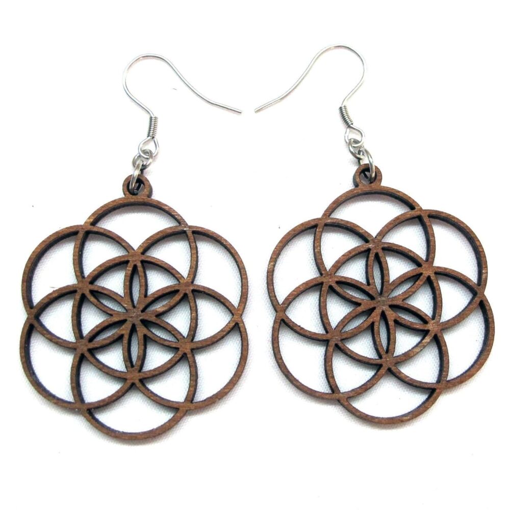 Seed of Life Earrings: Silver Hooks, Wooden Laser Cut, Sacred Geometry Jewelry