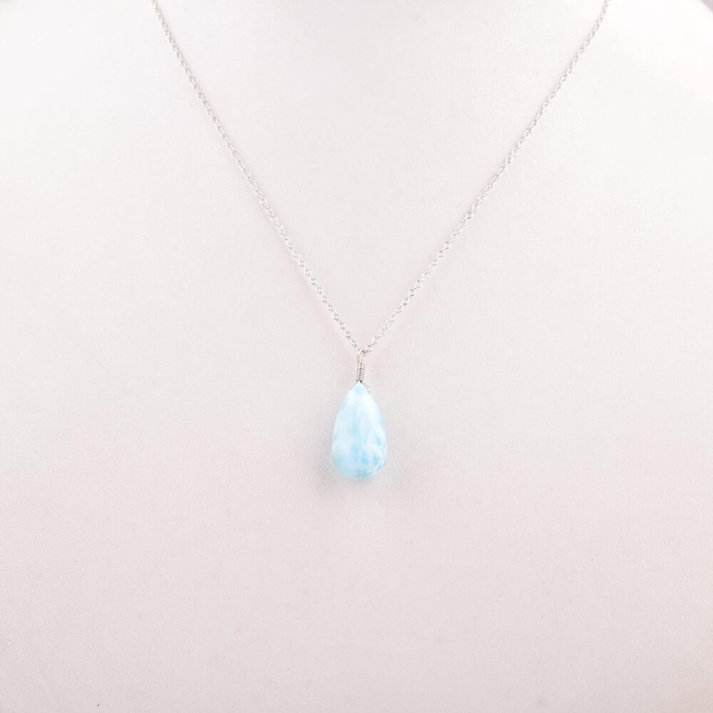 Natural Larimar Necklace Pendant Rhodium Plated 925 Sterling Silver, Teardrop Gemstone Necklace, Artisan Pendant, Silver Jewelry, Silver Wire, Dainty Pendant, Gift Her - Image 6