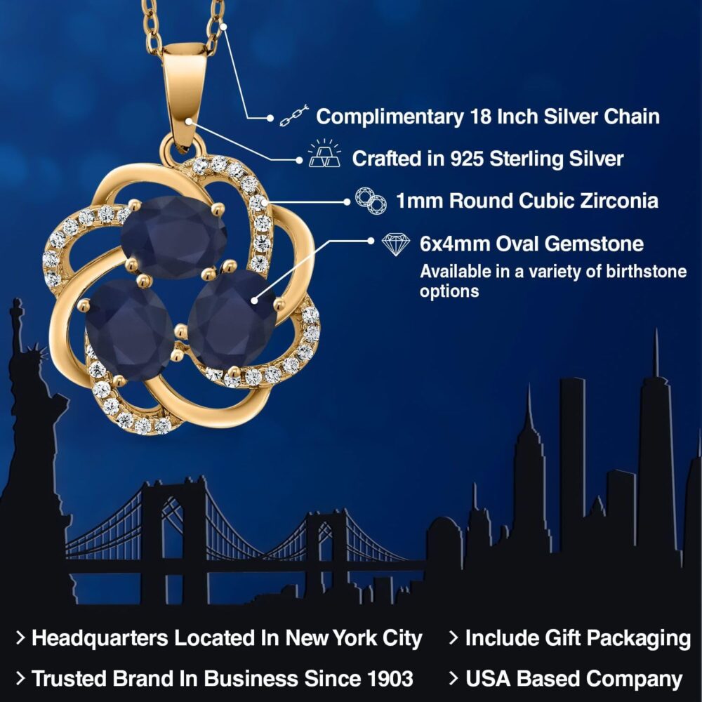 Gem Stone King 18K Yellow Gold Plated Silver Blue Sapphire 3 Stone Pendant Necklace For Women (2.04 Cttw, Gemstone Birthstone, Oval 6X4MM, with 18 Inch Chain) - Image 2