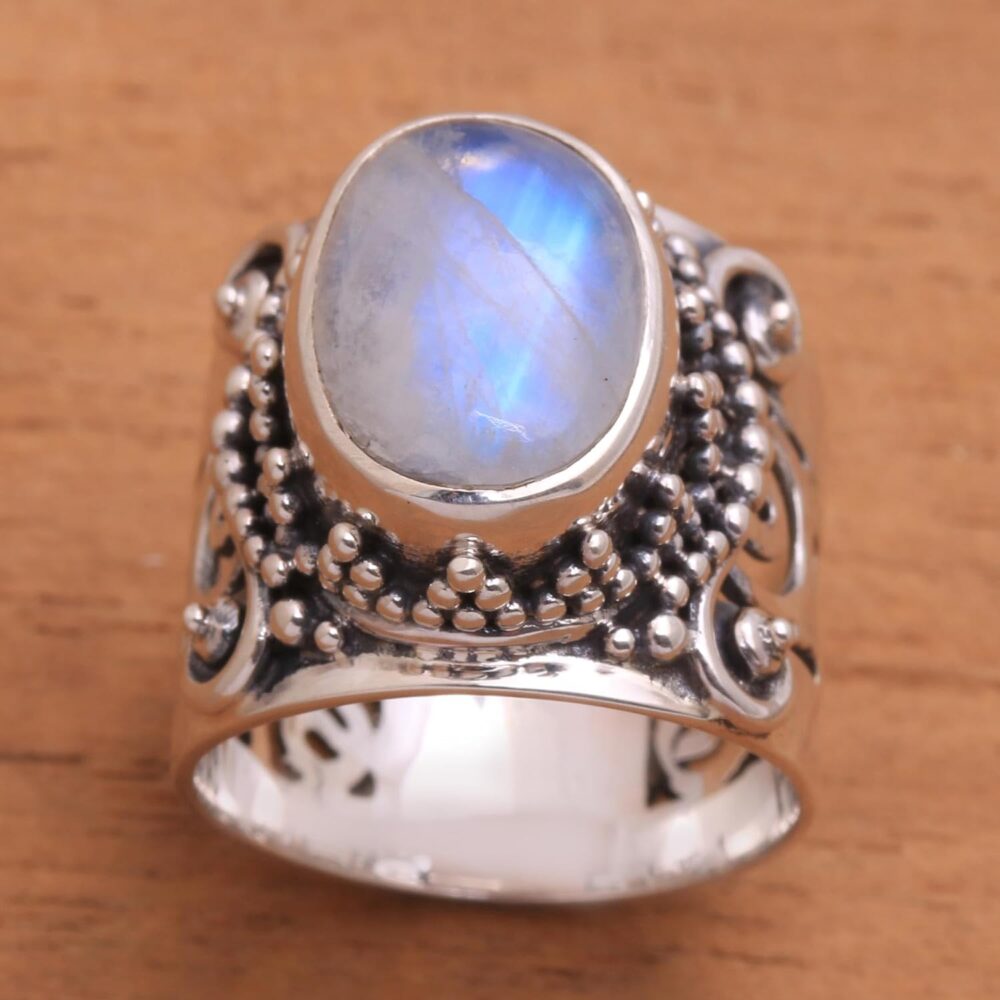 NOVICA Artisan Handmade Rainbow Moonstone Cocktail Ring .925 Sterling Silver Single Clear Indonesia Gemstone 'Glorious Vines' - Image 5