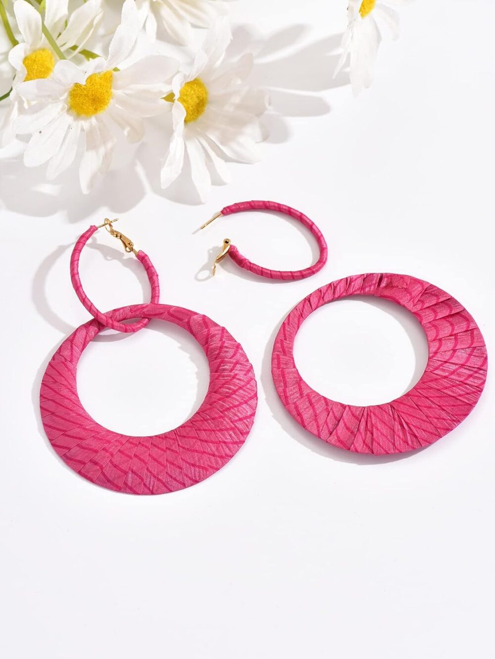 Exclusive Pink Handmade Earrings, Silk Fine Fabric Wrapped Hoop Boho Earrings for Women, Bohemian Style Exaggerated Loop Earrings, Drop And Dangle Earring, Bright, Flamboyant - Image 4