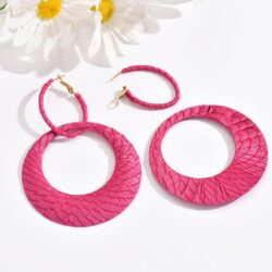 Exclusive Pink Handmade Earrings, Silk Fine Fabric Wrapped Hoop Boho Earrings for Women, Bohemian Style Exaggerated Loop Earrings, Drop And Dangle Earring, Bright, Flamboyant - Image 4
