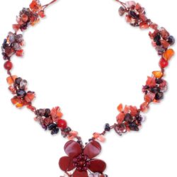 Multigemstone Beaded Pendant Necklace Floral from Thailand Quartz Garnet Smoky Jasper Brown Multicolor Red Birthstone
