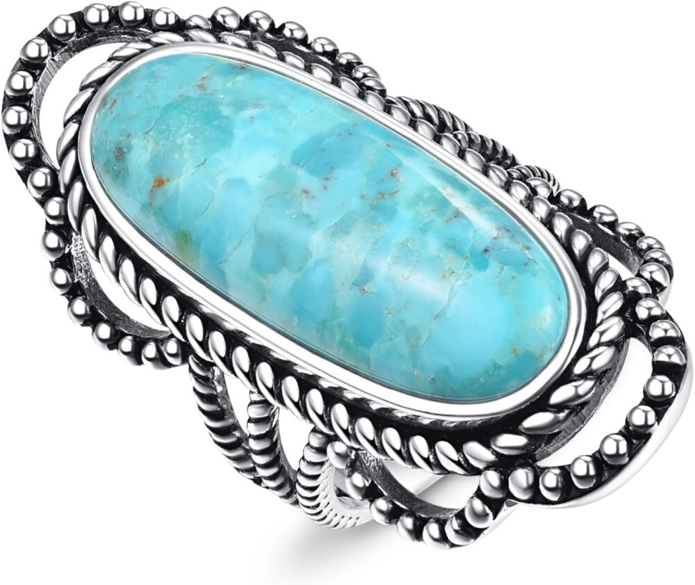 Turquoise/Teal Turquoise/Spiny Turquoise Ring for Women 925 Sterling Silver Oval Bohemian Ring for Valentine Day Oxidized Silver Statement Rings Size 6-9