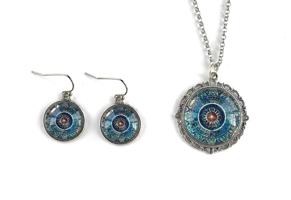 Bohemian Blue Mandala Necklace and Earring Set - Pendant Gift for Women - Handmade - Image 5