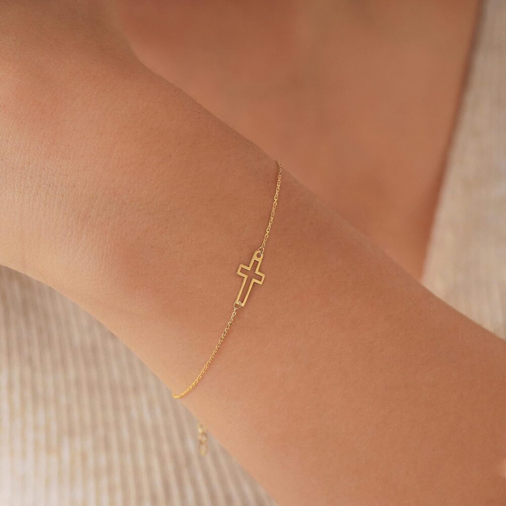 MIONZA Jewelry 14k Solid Gold Cross Bracelet for Women, Teen Girls, Baby | Real Gold Sideways Adjustable Cross Bracelet | Gold Plated Bracelet for Women | Christian Baptism Gift - Image 4