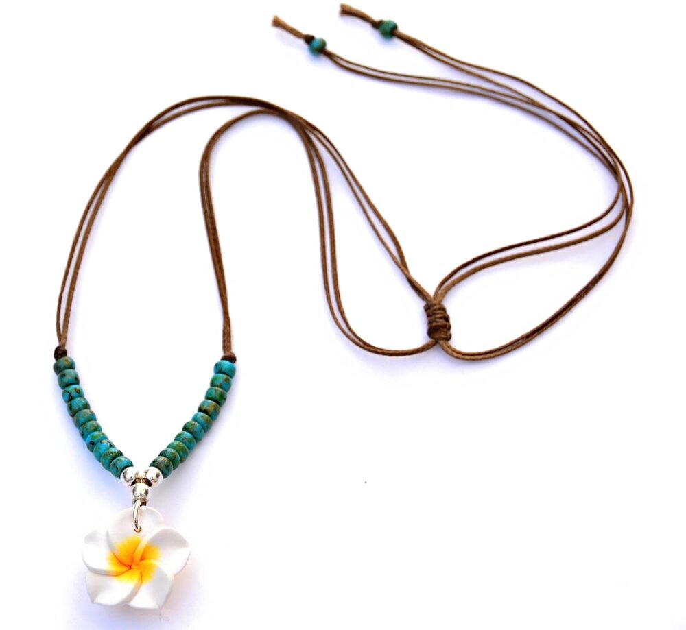 Boho Choker Necklace for Women and Teen Girls, Hawaii Hawaiian Tropical Plumeria Flower Turquoise Beaded Adjustable Beach Summer String Necklace, Handmade Bohemian Hippie Unique Jewelry by Tribes