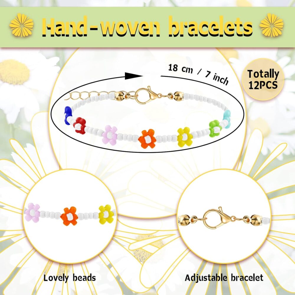 MTLEE 12 Pcs Colorful Flower Bracelets Indie Handmade Daisy Friendship Bracelets Cute Bohemian Y2K Adjustable Flower Girl Summer Bracelet Anklet for Women Girls Aesthetic Summer Accessories - Image 2