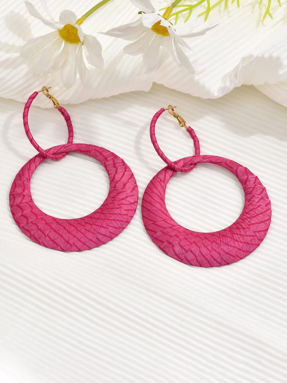 Exclusive Pink Handmade Earrings, Silk Fine Fabric Wrapped Hoop Boho Earrings for Women, Bohemian Style Exaggerated Loop Earrings, Drop And Dangle Earring, Bright, Flamboyant - Image 2