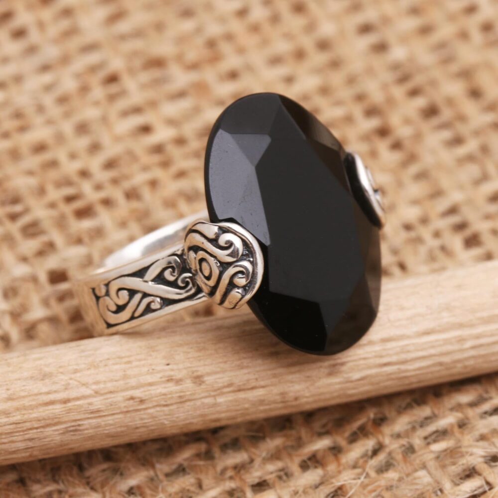 NOVICA Artisan Handmade Onyx Cocktail Ring Oval .925 Sterling Silver from Bali Red Single Stone Indonesia Birthstone 'Mysterious Oval' - Image 6