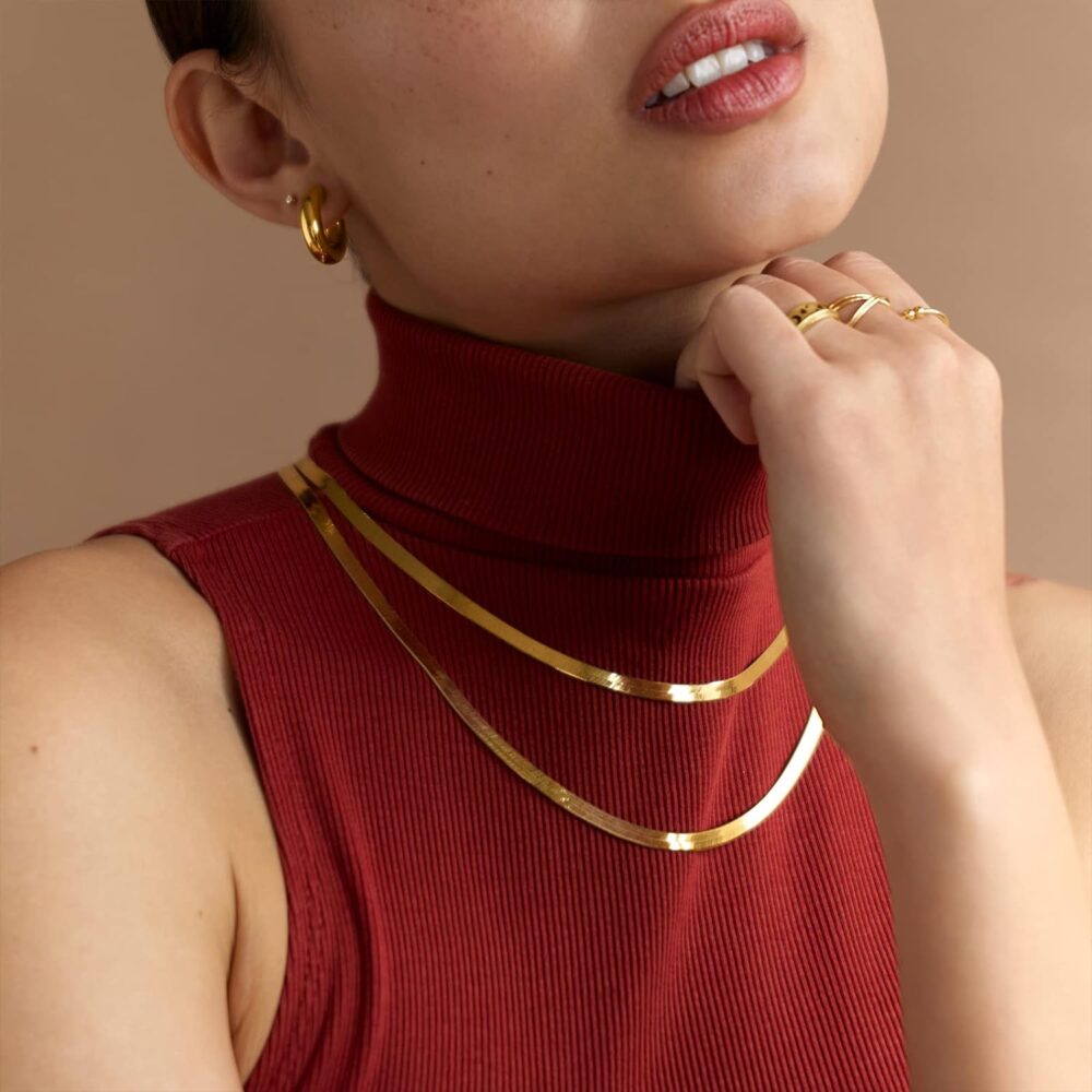 PAVOI Italian Solid 925 Sterling Silver, 22K Gold Plated Chain Necklaces | Snake, Square Box, Cable, Super Flex Curb, Miami Cuban and Rope Diamond-Cut Herringbone Necklace for Women and Men | MADE IN ITALY - Image 5