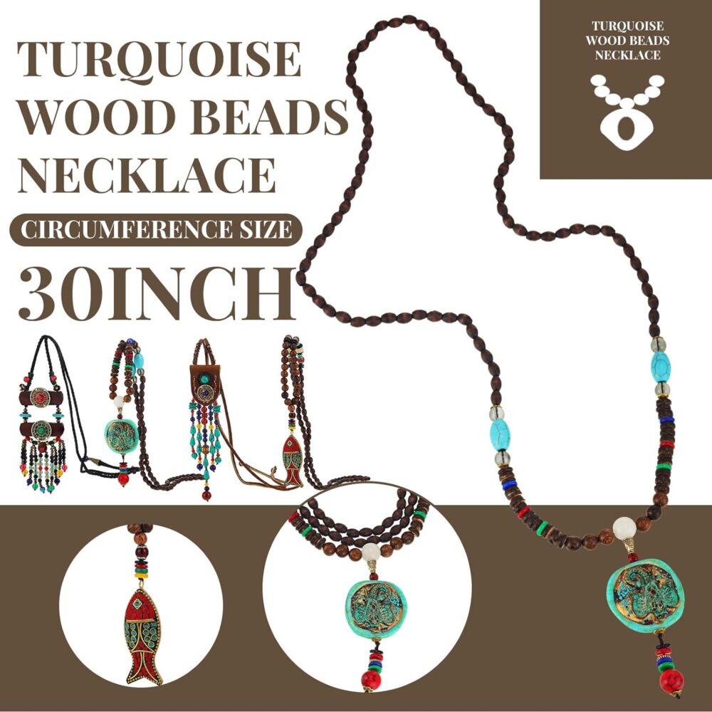 4 Pieces Long Boho Necklaces for Women, Bohemian Wood Beads Pendant Vintage Beaded Necklaces Turquoise Fish Elephant Necklace Chunky Nepal Necklace for Women Girl Jewelry - Image 3