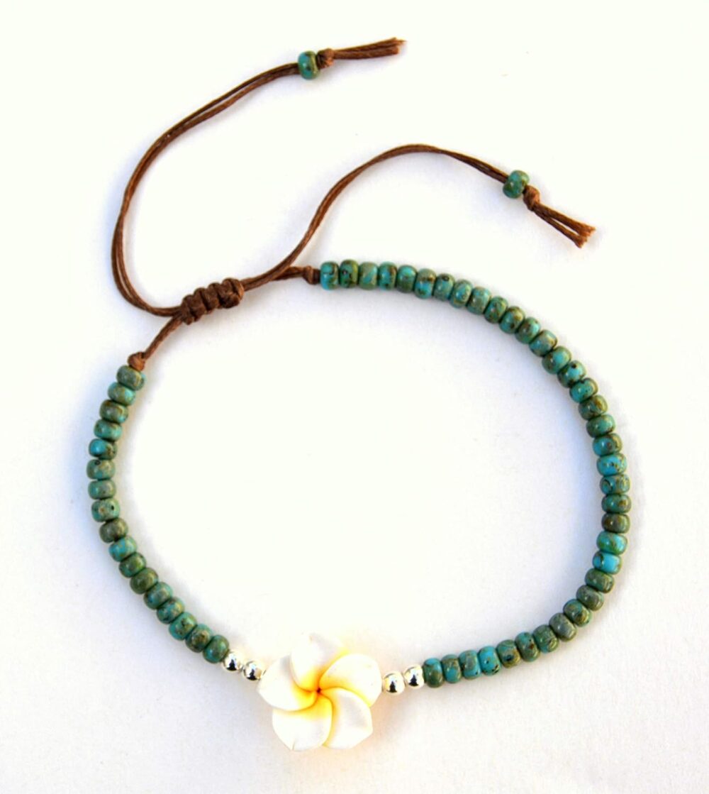 Boho Beaded Anklet for Women and Teen Girls, Unique Bohemian Turquoise and Sterling Silver Beaded Anklet with Hawaii Hawaiian Plumeria Flower, Handmade by Tribes - Image 4