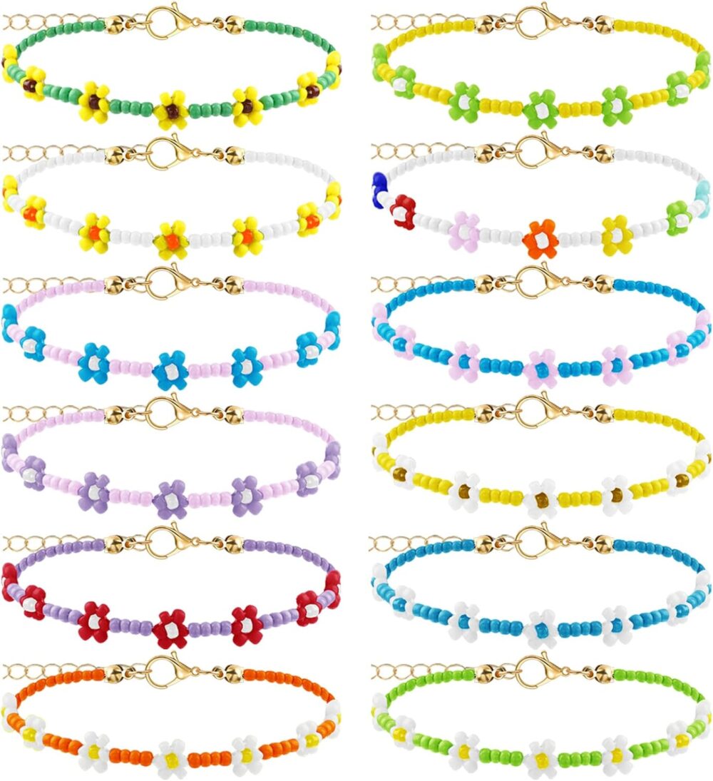 MTLEE 12 Pcs Colorful Flower Bracelets Indie Handmade Daisy Friendship Bracelets Cute Bohemian Y2K Adjustable Flower Girl Summer Bracelet Anklet for Women Girls Aesthetic Summer Accessories