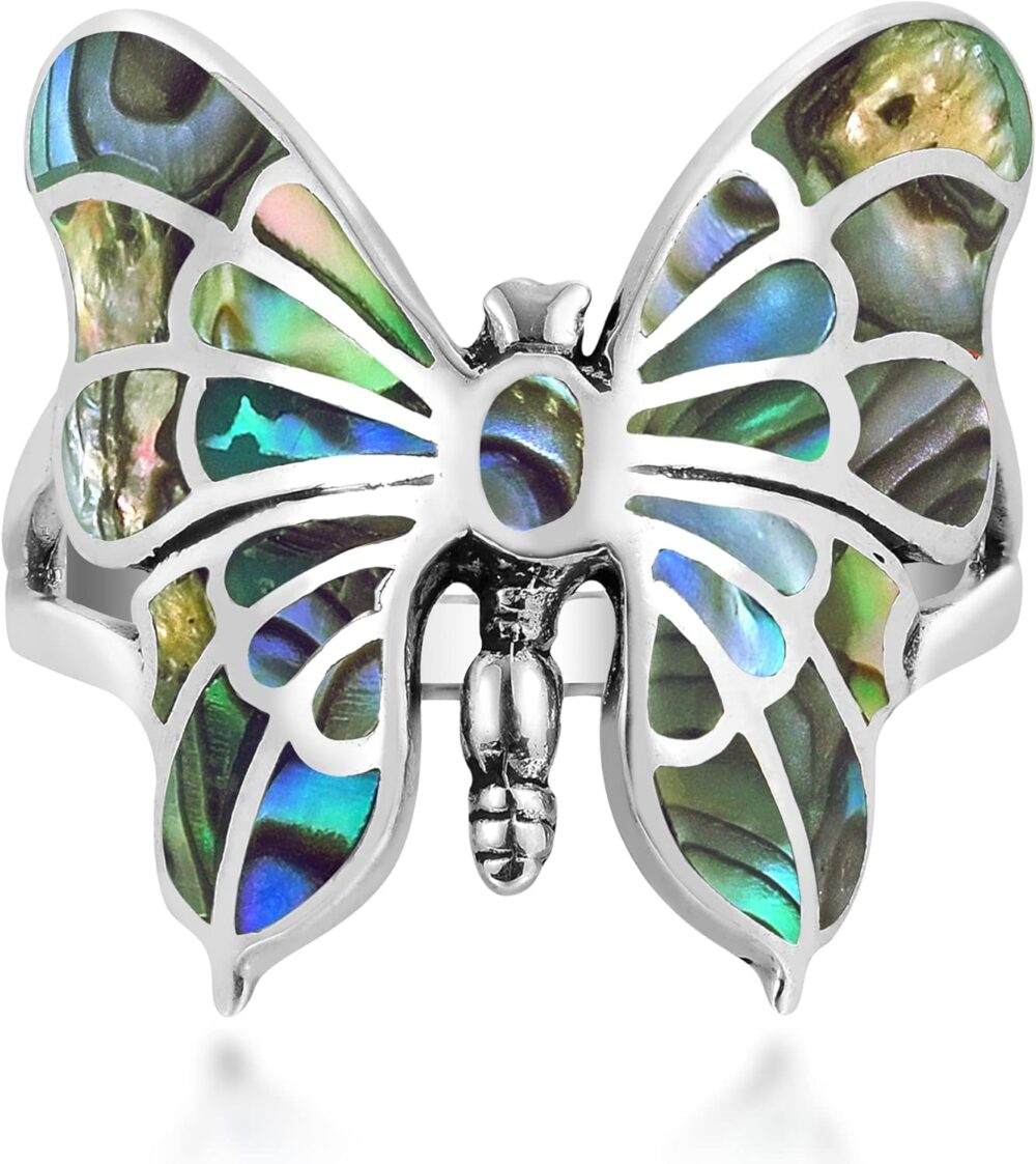 AeraVida Exotic Graceful Butterfly Abalone Shell Inlay .925 Sterling Silver Ring | Butterfly Rings for Women | Ring Size 5 To 10 Silver | Abalone Shell Ring | Sterling Silver Ring