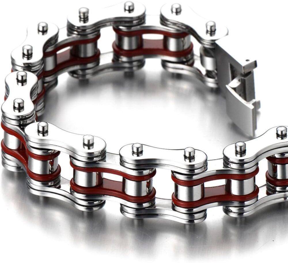 COOLSTEELANDBEYOND Masculine Mens Bike Chain Bracelet of Stainless Steel Silver Red Two-tone High Polished - Image 4