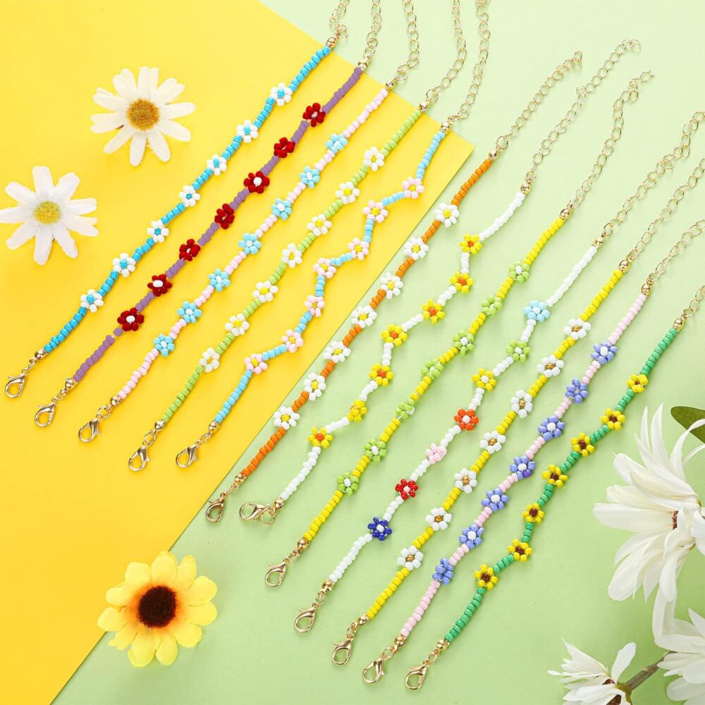 MTLEE 12 Pcs Colorful Flower Bracelets Indie Handmade Daisy Friendship Bracelets Cute Bohemian Y2K Adjustable Flower Girl Summer Bracelet Anklet for Women Girls Aesthetic Summer Accessories - Image 4