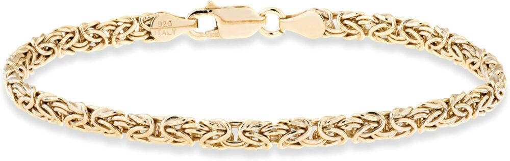 Miabella Italian 18K Gold Over Silver 4mm Flat Byzantine Link Chain Bracelet for Women, 925 Italy