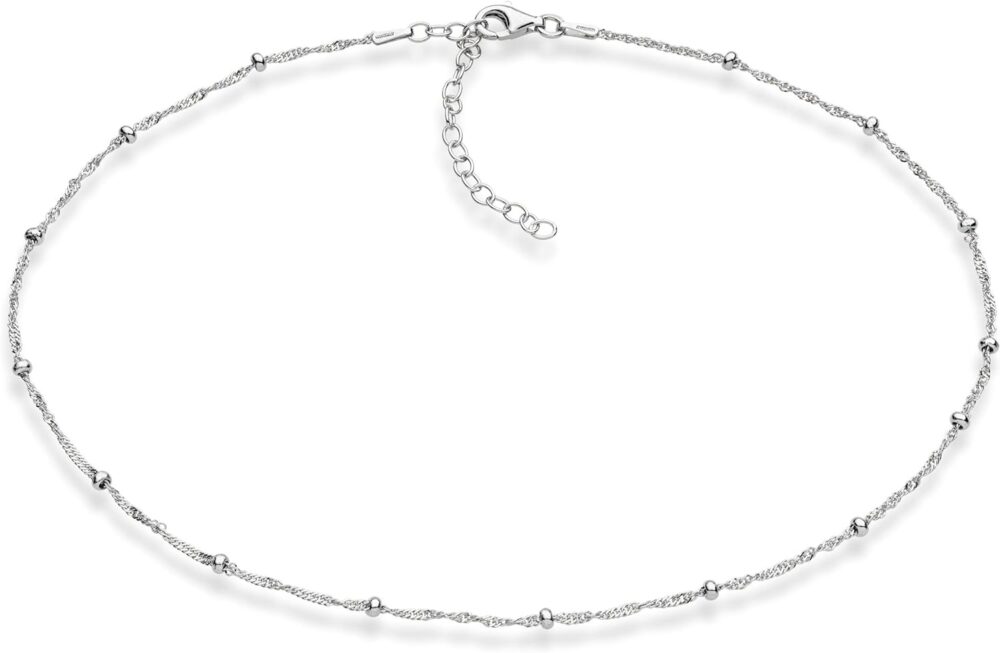 Miabella 925 Sterling Silver Figaro, Beaded Singapore, Sparkle, Cuban Link Chain, Adjustable Choker Necklace for Women Made in Italy