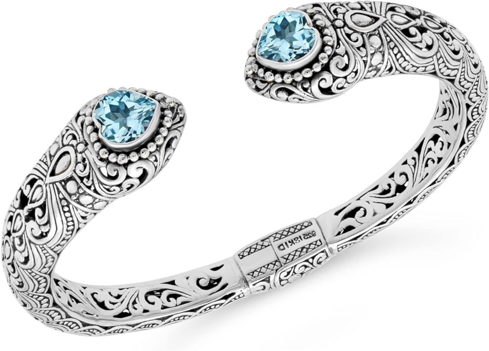 Sterling Silver 925 with Gemstones Bali Filigree Cuff Bracelet