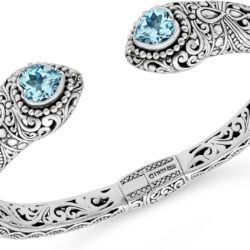 Sterling Silver 925 with Gemstones Bali Filigree Cuff Bracelet