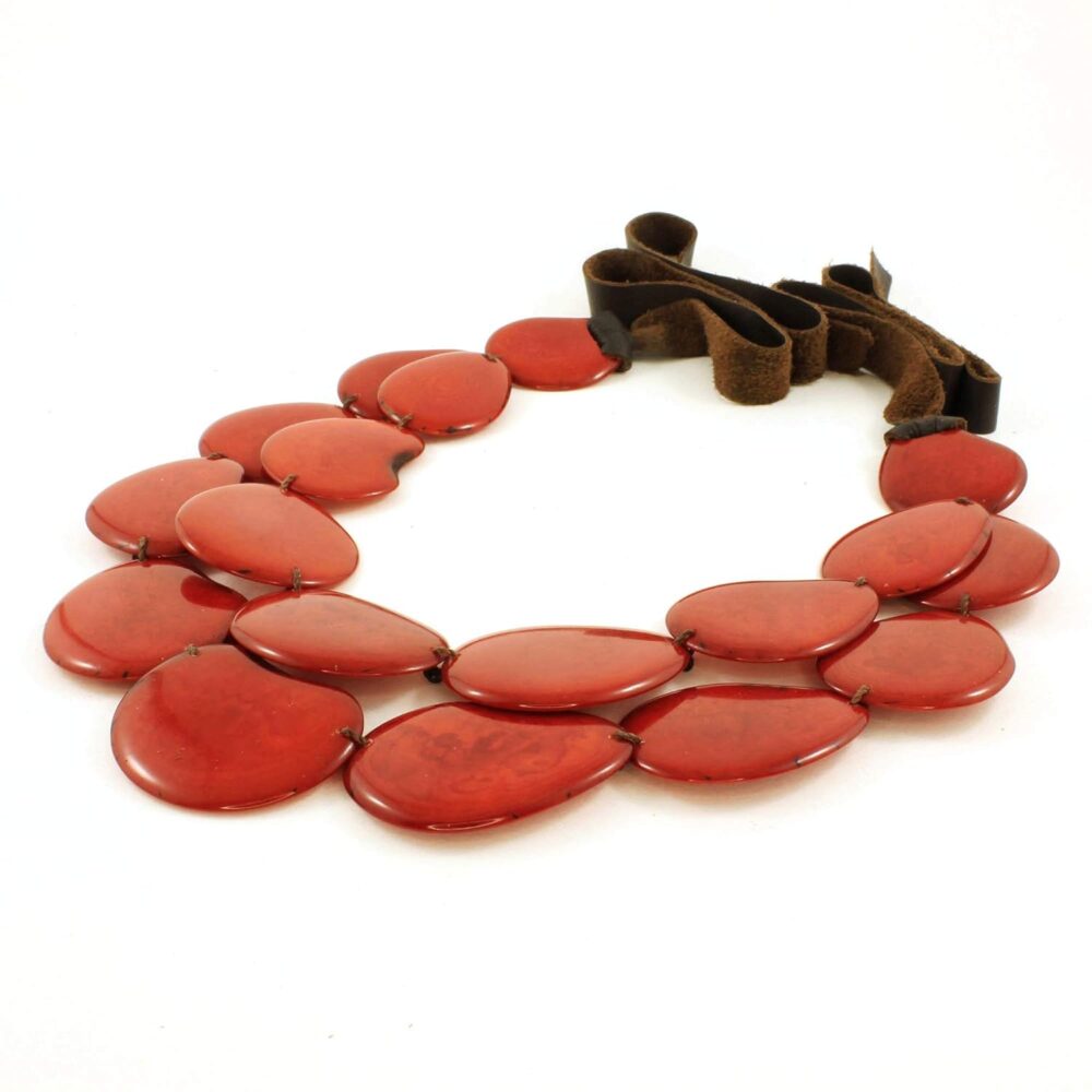 Red Statement Bib Necklace with Chunky Tagua Nut, Handmade Beaded Jewelry for Women