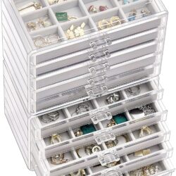 ProCase Earring Holder Organizer Jewelry Box with 10 Drawers, Acrylic Clear Earring Case with Adjustable Velvet Trays for Women - Grey, 10 Layers