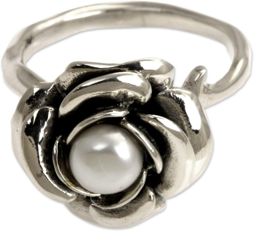 Handmade Cultured Freshwater Pearl Flower Ring - Sterling Silver Floral Birthstone Jewelry - Image 2