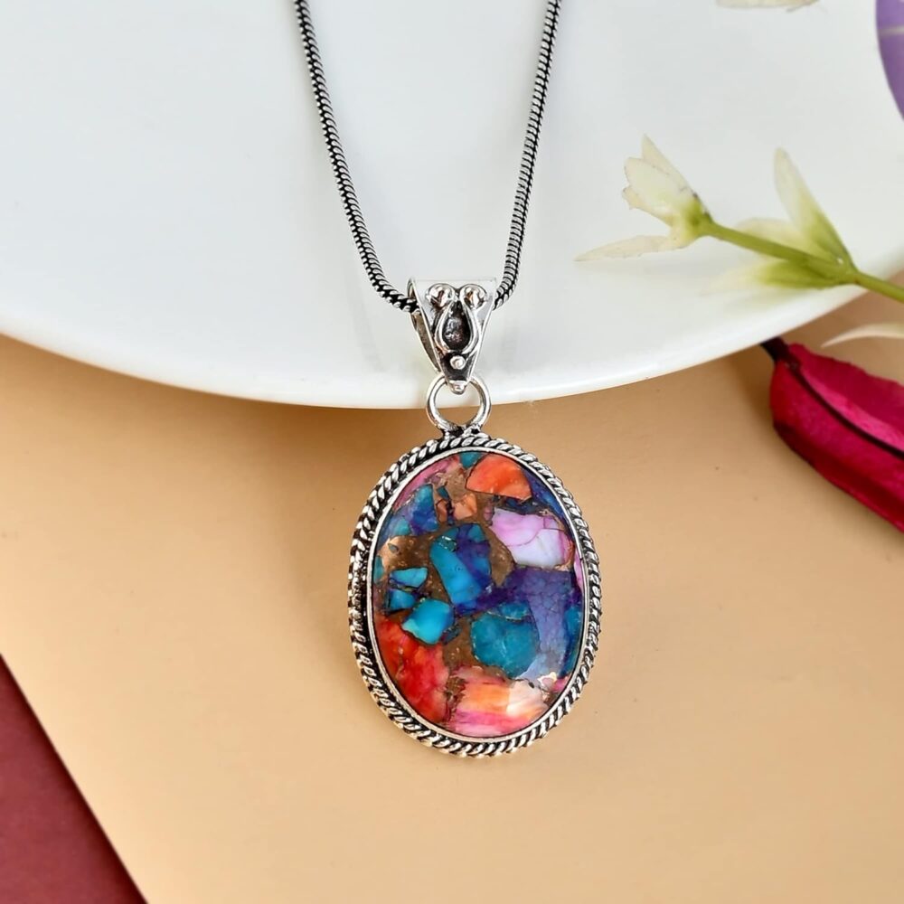 925 Sterling Silver Bohemian Pendant Necklace for Women with Oval Shape Multi Turquoise Gemstone - Image 3