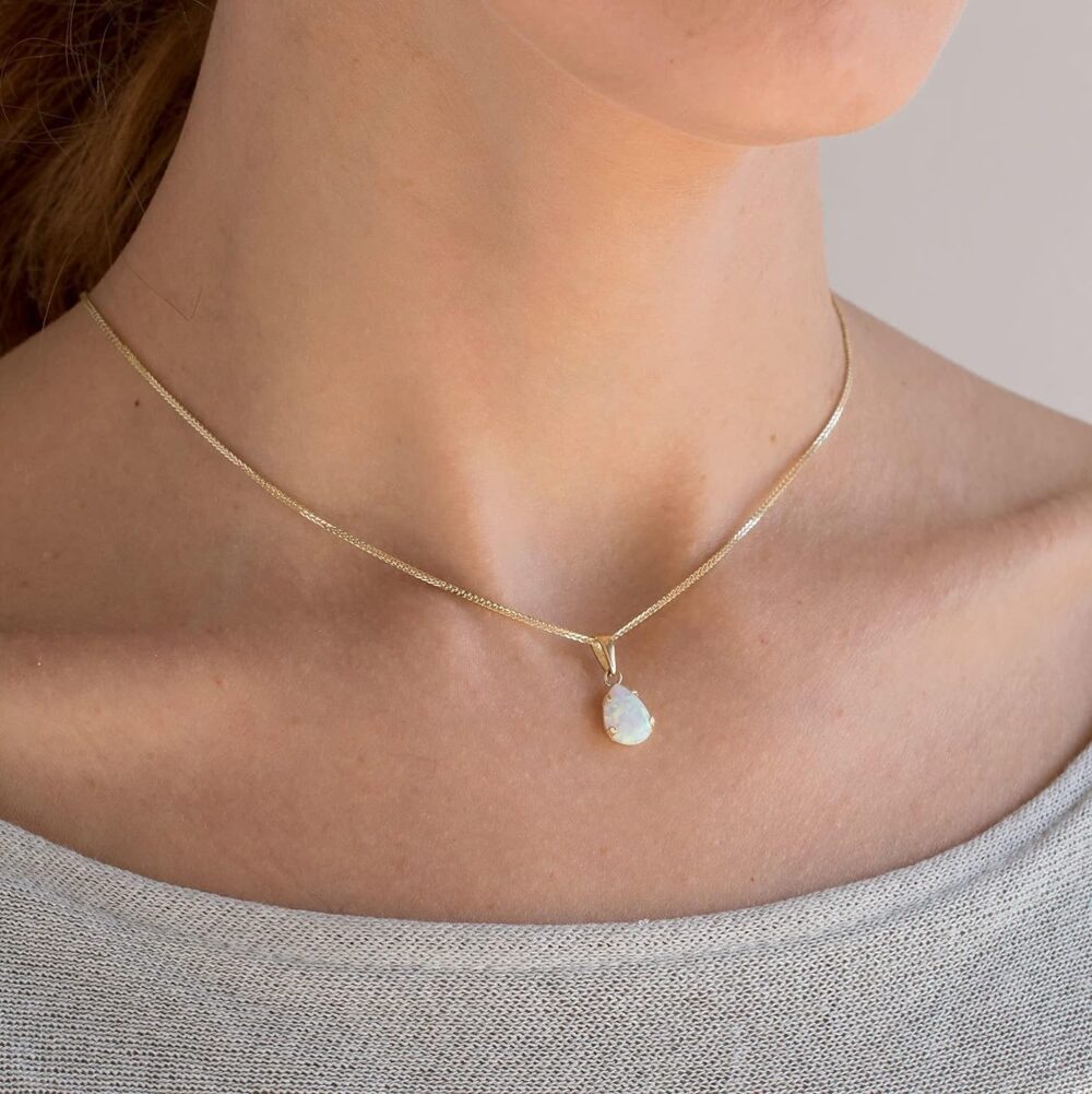 14K Gold White Opal Necklace - Dainty Pear-Shape Teardrop Pendant, 7x10mm 14K Solid Yellow Gold Necklace, October Birthstone Opal Gemstone - Handmade Bridal Wedding Jewelry for Brides and Classy Women - Image 3