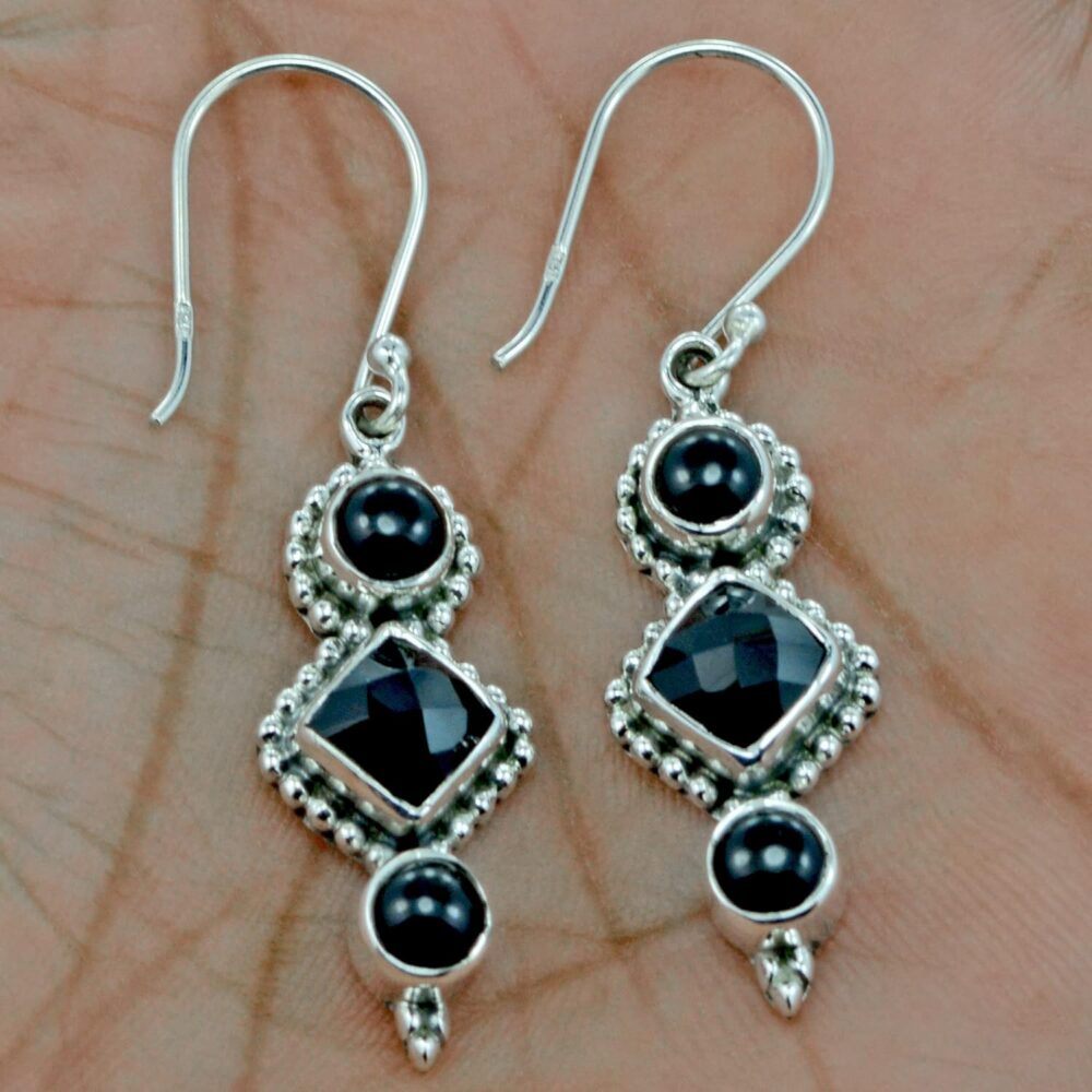 Genuine Black Onyx Bezel Earrings 925 Sterling Silver Dainty Filigree Dangle Earrings for Women Bohemian Handmade Jewelry Birthstone Elegant Minimalist Bridal Earrings Christmas Day Gift for Her - Image 4